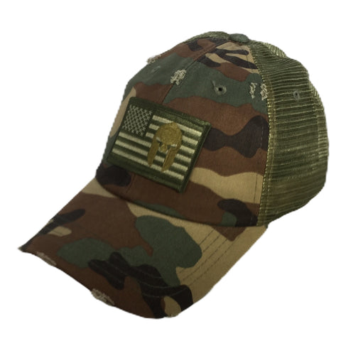 Spartan-US Flag Patch - Vintage Woodland Camo Mesh Hat