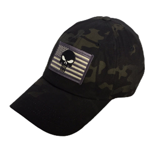 Punisher Over US Flag Patch - MultiCam Black Camo Hat